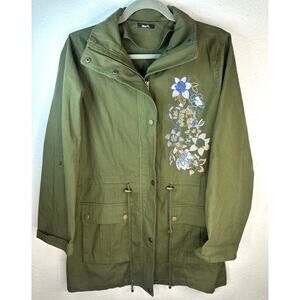 Mark By Avon Floral Embroidered Olive Green Utility Jacket Medium